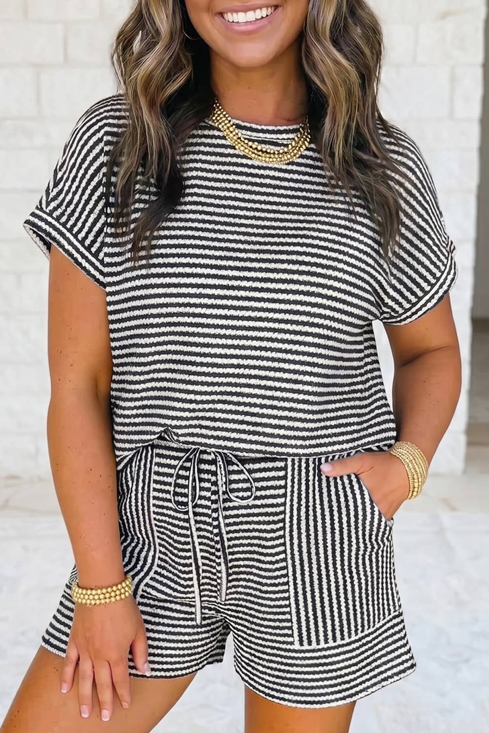 1 the Woman - Striped Textured Knit Top and Short 2pc Sets