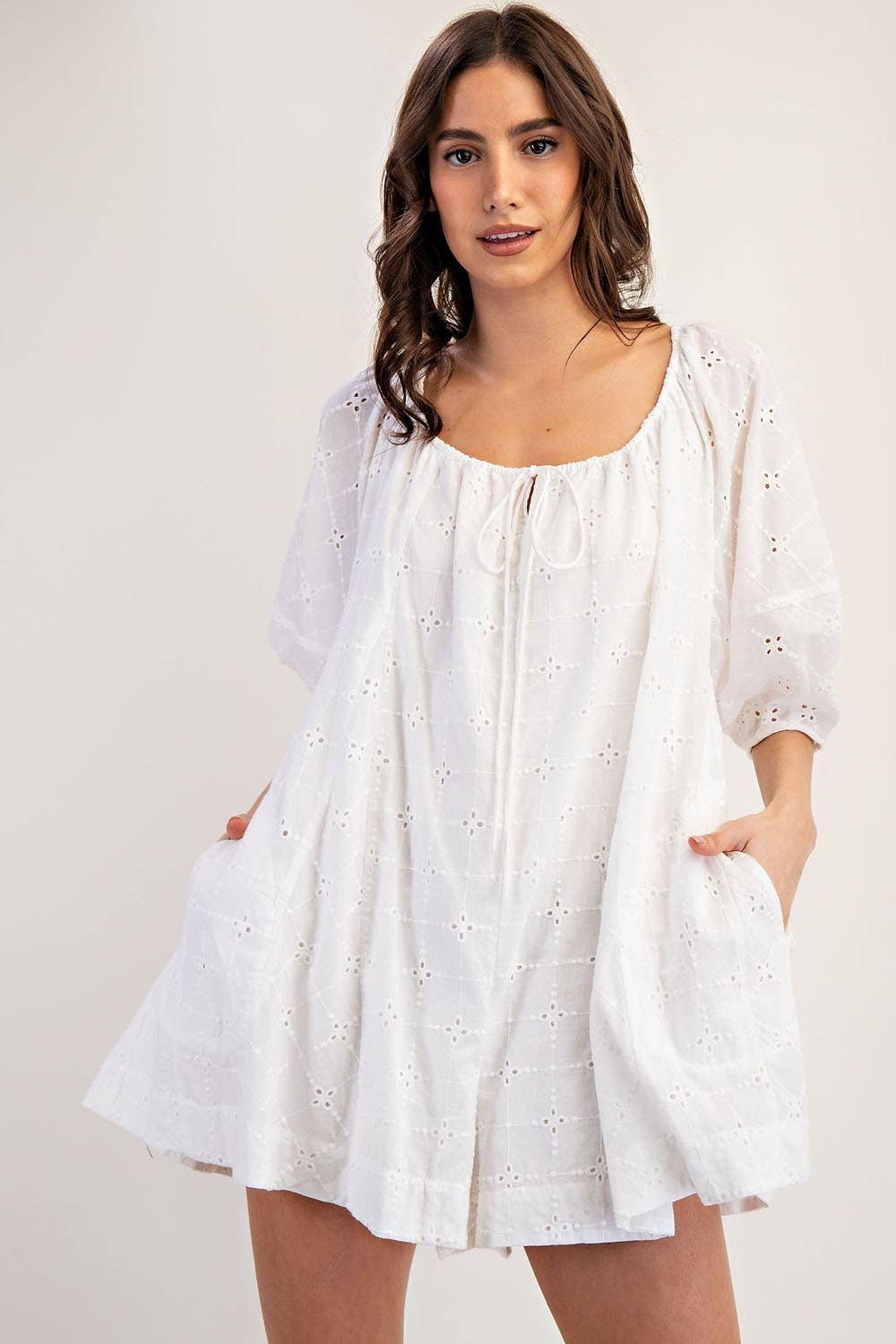 PL6371 - EYELET PUFF SLEEVE ROMPER: MUSTARD