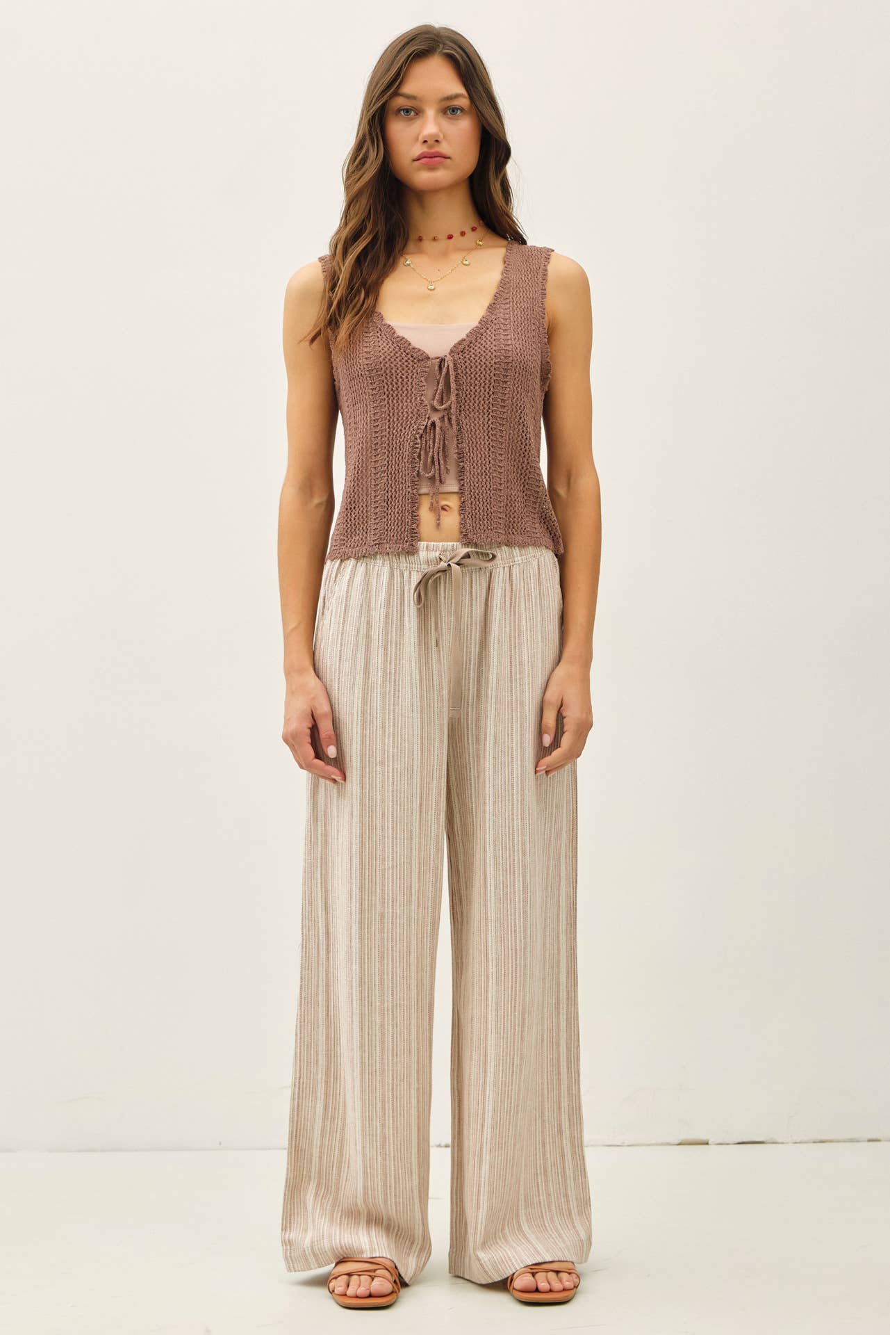 STRIPED LINEN WIDE LEG PANTS