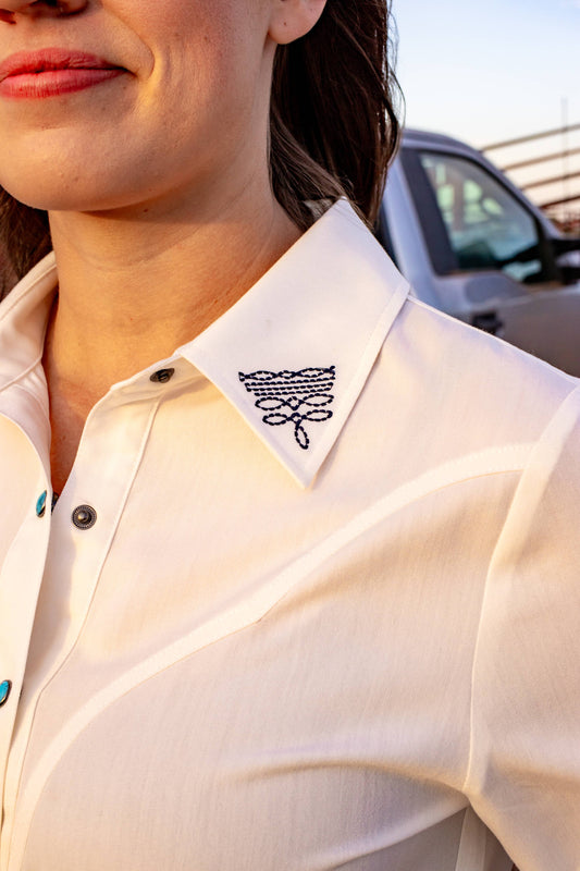 Rockin A Design - Boot stitch embroidered white top with turquoise snaps