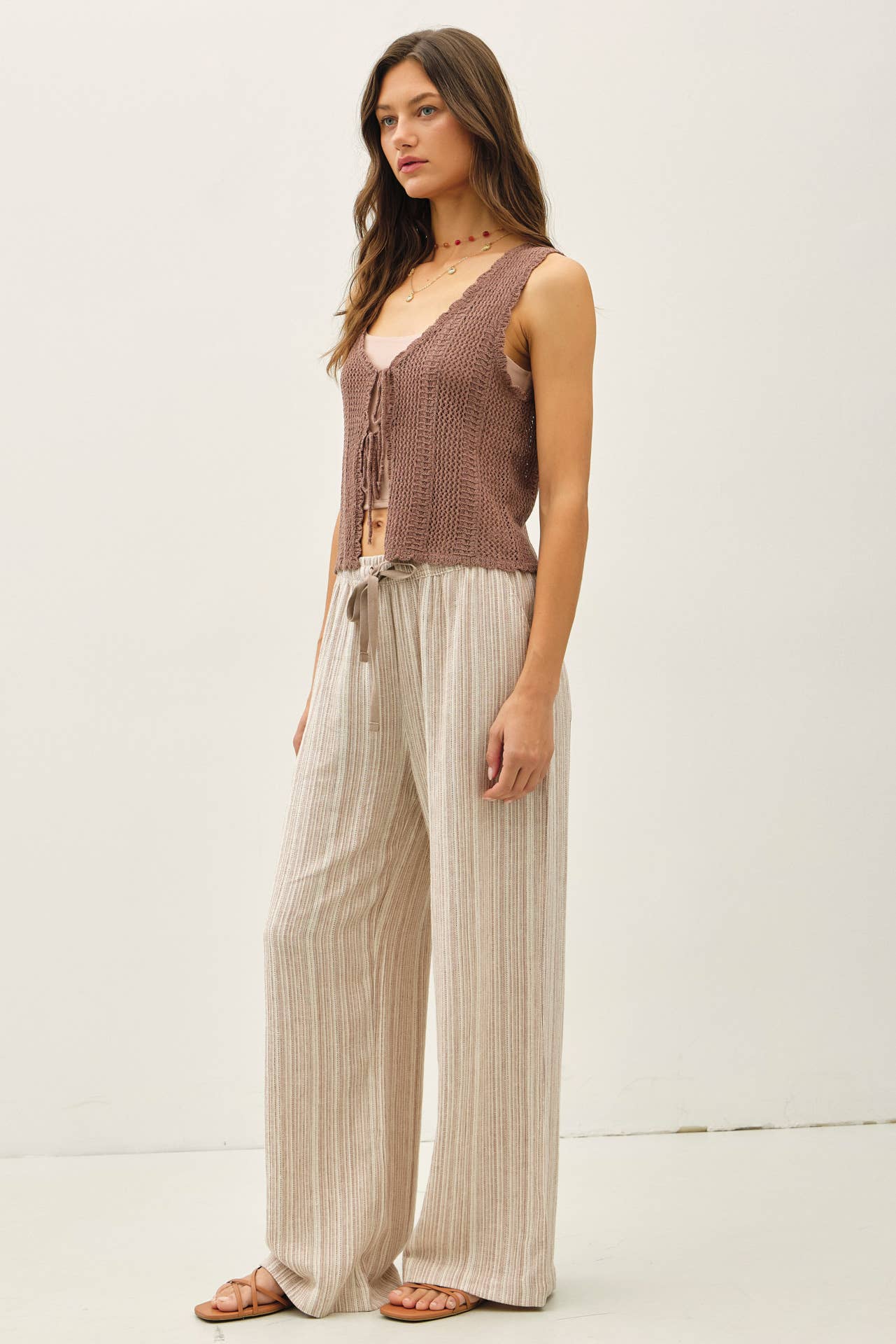 STRIPED LINEN WIDE LEG PANTS