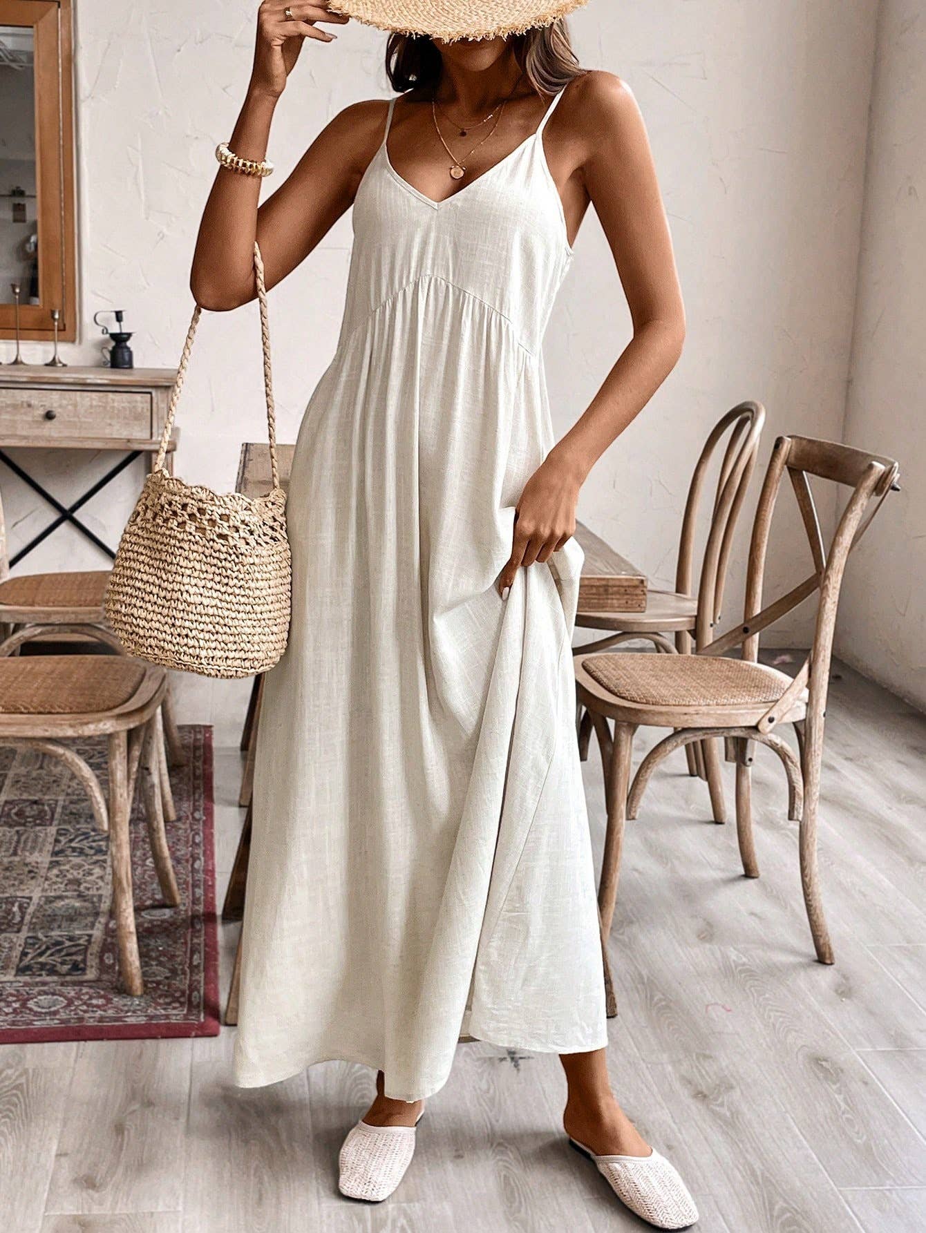Linen blend Scoop Neck Cami dress with bow tie at back: Beige