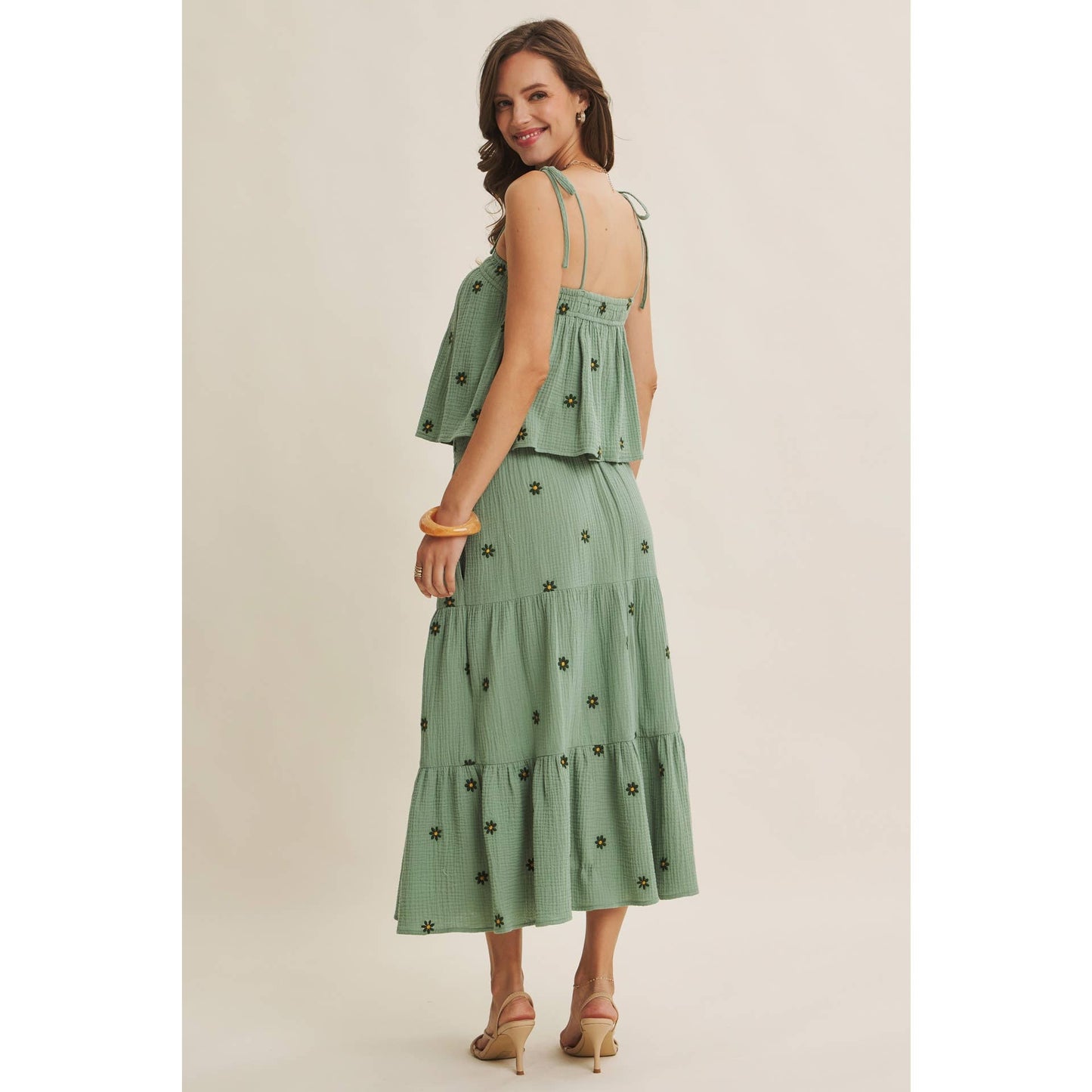 in february - SUNSET FIELD EMBROIDERED COTTON GAUZE SMOCKED MIDI SKIRTS