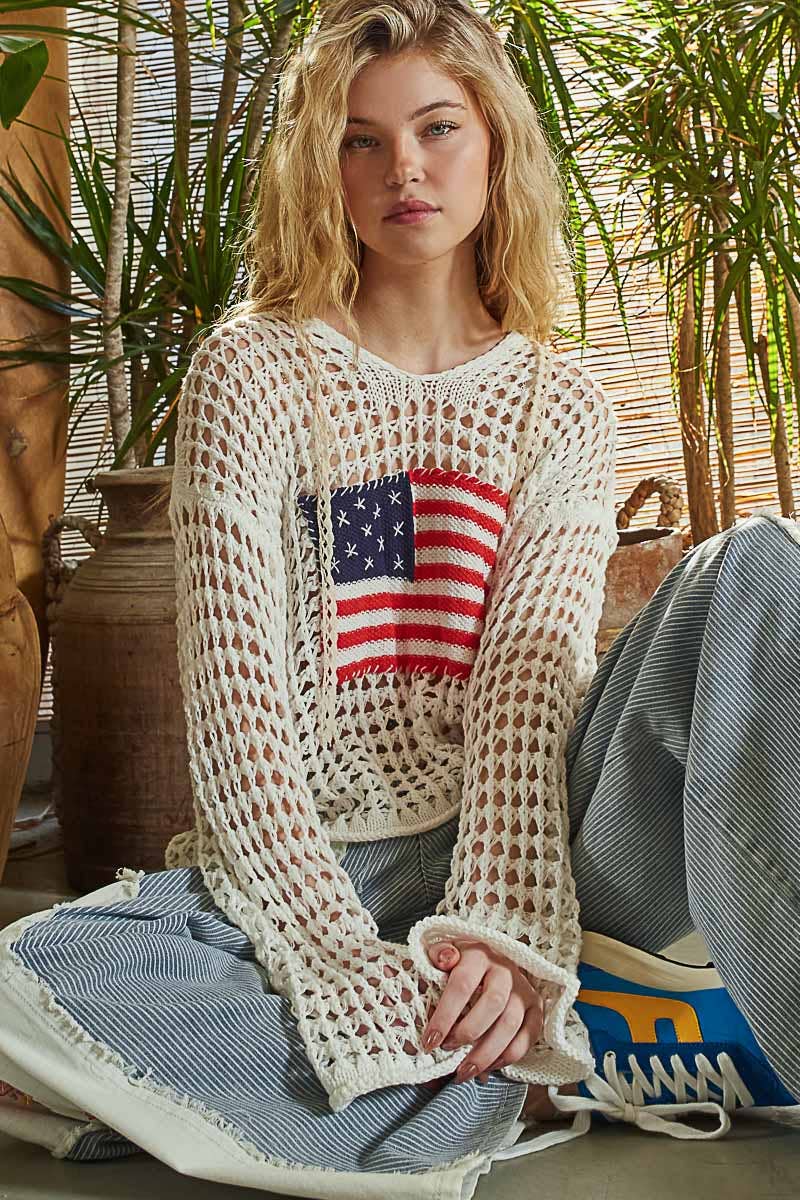 Long sleeve American flag hoodie thin sweater top SALE: Beige