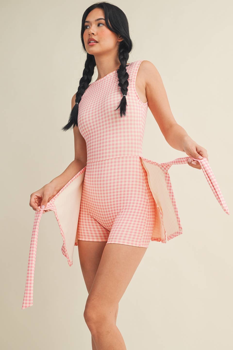 KIMBERLY C - Gingham Print Sleeveless Wrap Tie Front Dress : Black Gingham / S