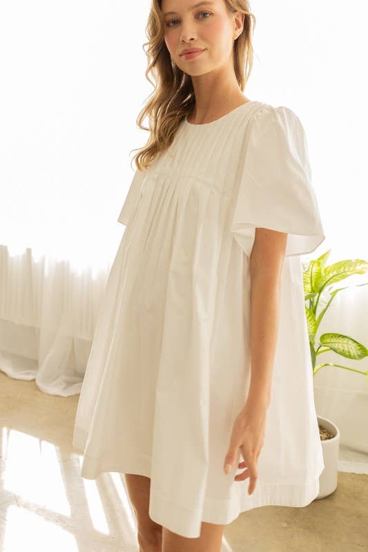 JOD1142 Pleated Front Mini Dress with Wide Sleeves