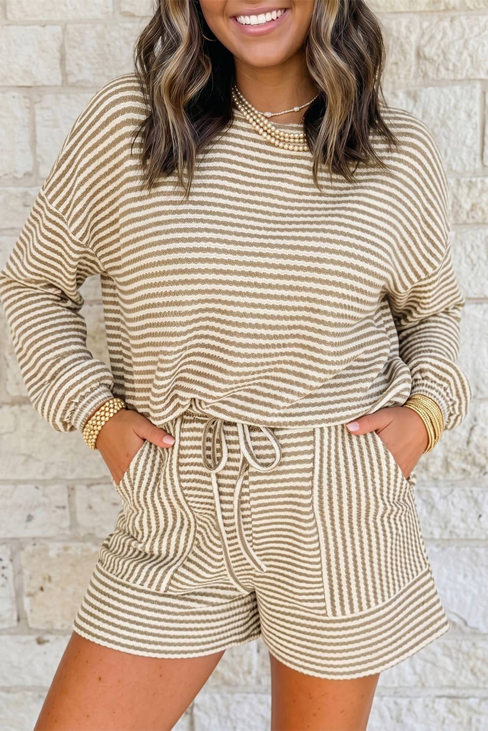 1 the Woman - Striped Textured Knit Top and Short 2pc Sets