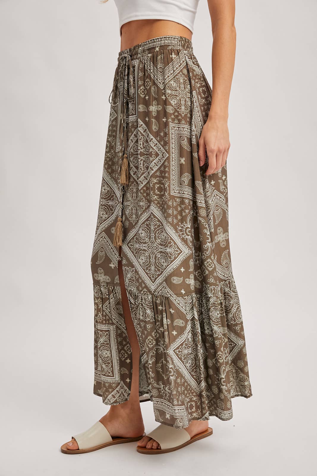 Bluivy - BOHO PRINT TIERED BUTTON DOWN FRONT MAXI SKIRT