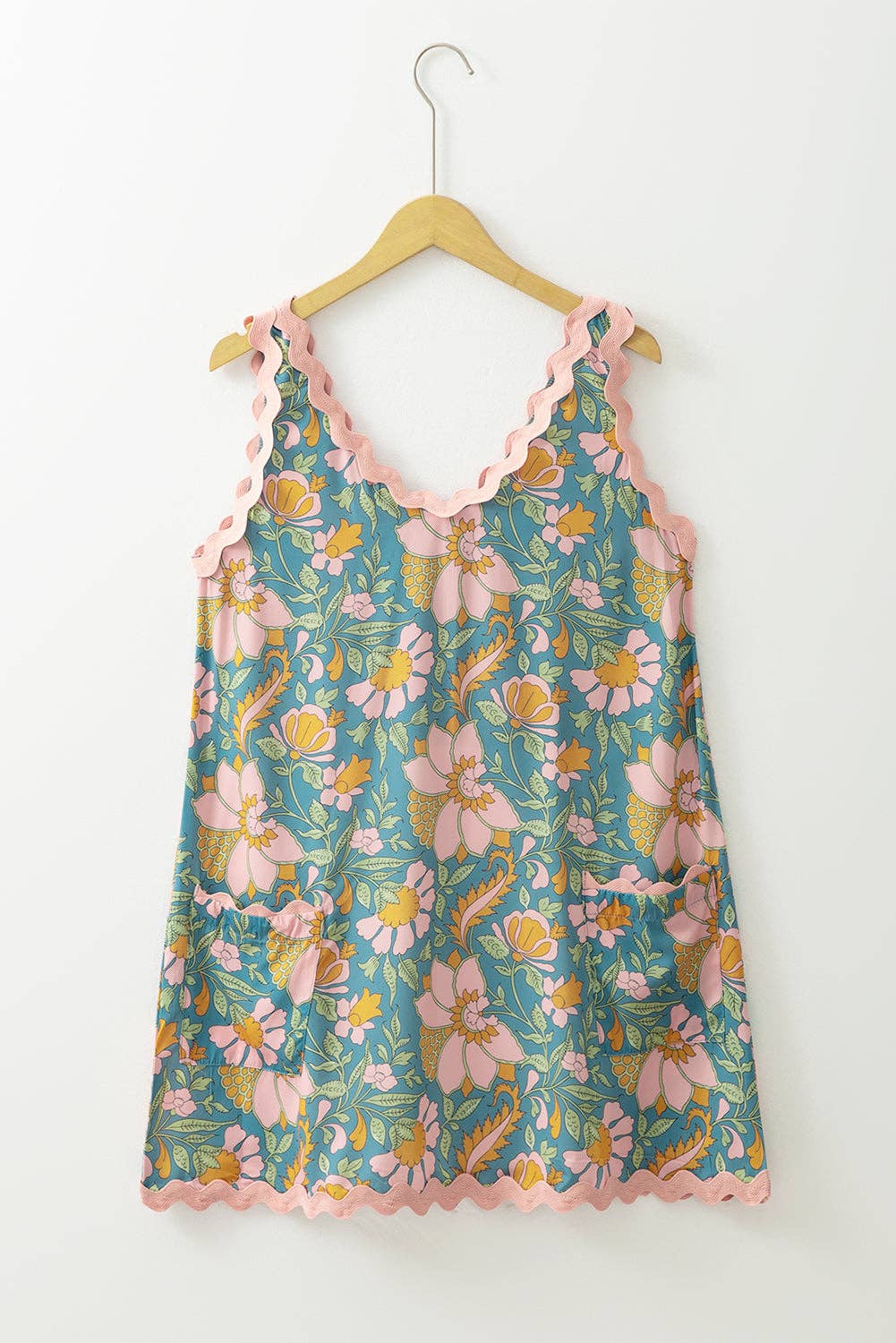 Lovesoft - Sky Blue Floral Ricrac Trim V Neck Shift Mini Tank Dress