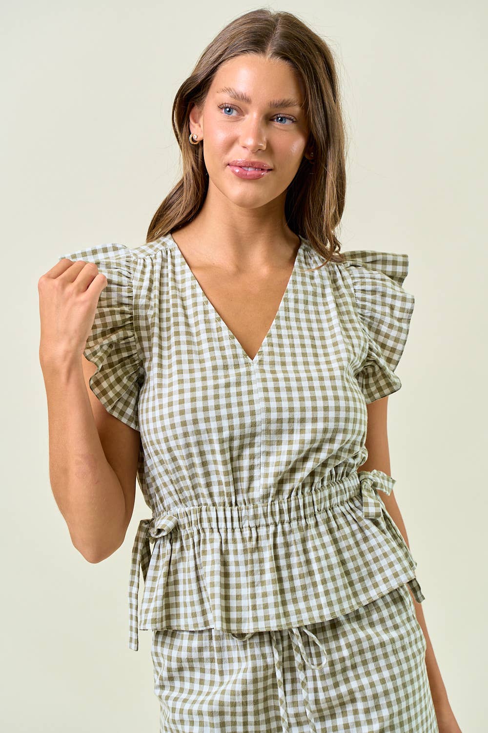GINGHAM RUFFLE PEPLUM TOP W/ SIDE TIE
