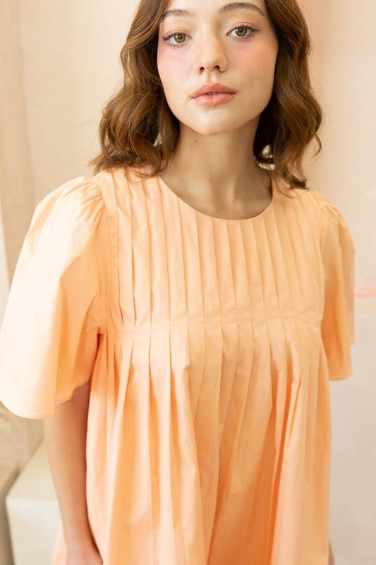 JOD1142 Pleated Front Mini Dress with Wide Sleeves