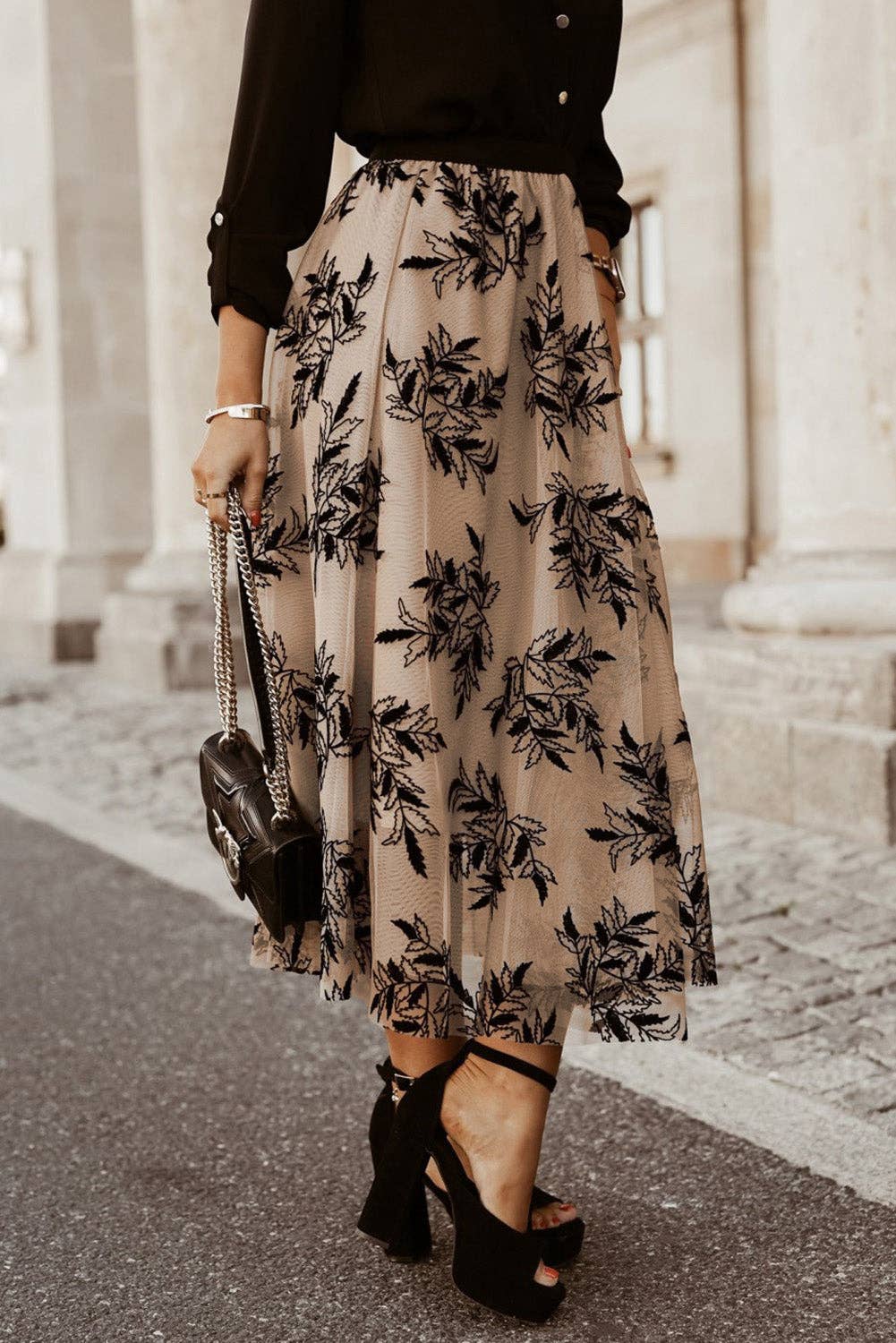 Lovesoft - Apricot Floral Leaves Embroidered High Waist Maxi Skirt