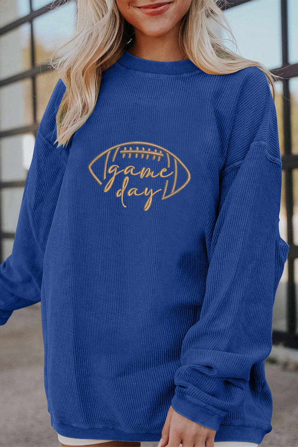 Lovesoft - Apricot Rugby Game Day Embroidered Corduroy Sweatshirt