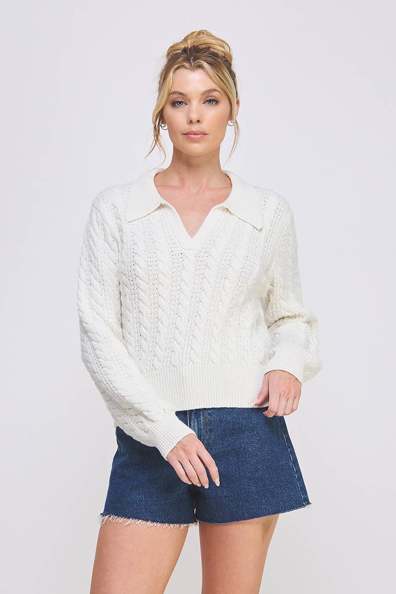Grey Cable Knit Johnny Collar Pullover