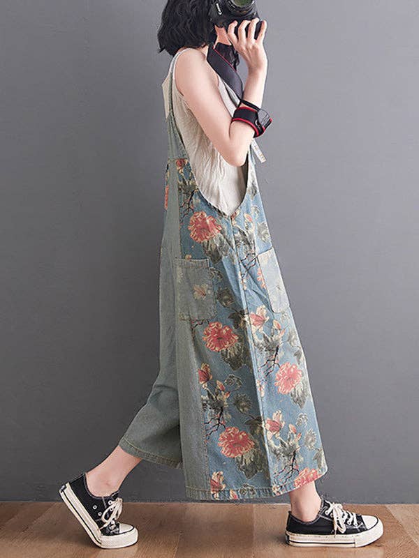 Oversize Wide Leg Floral Printed Split-Joint Overalls: DEEP BLUE / XL