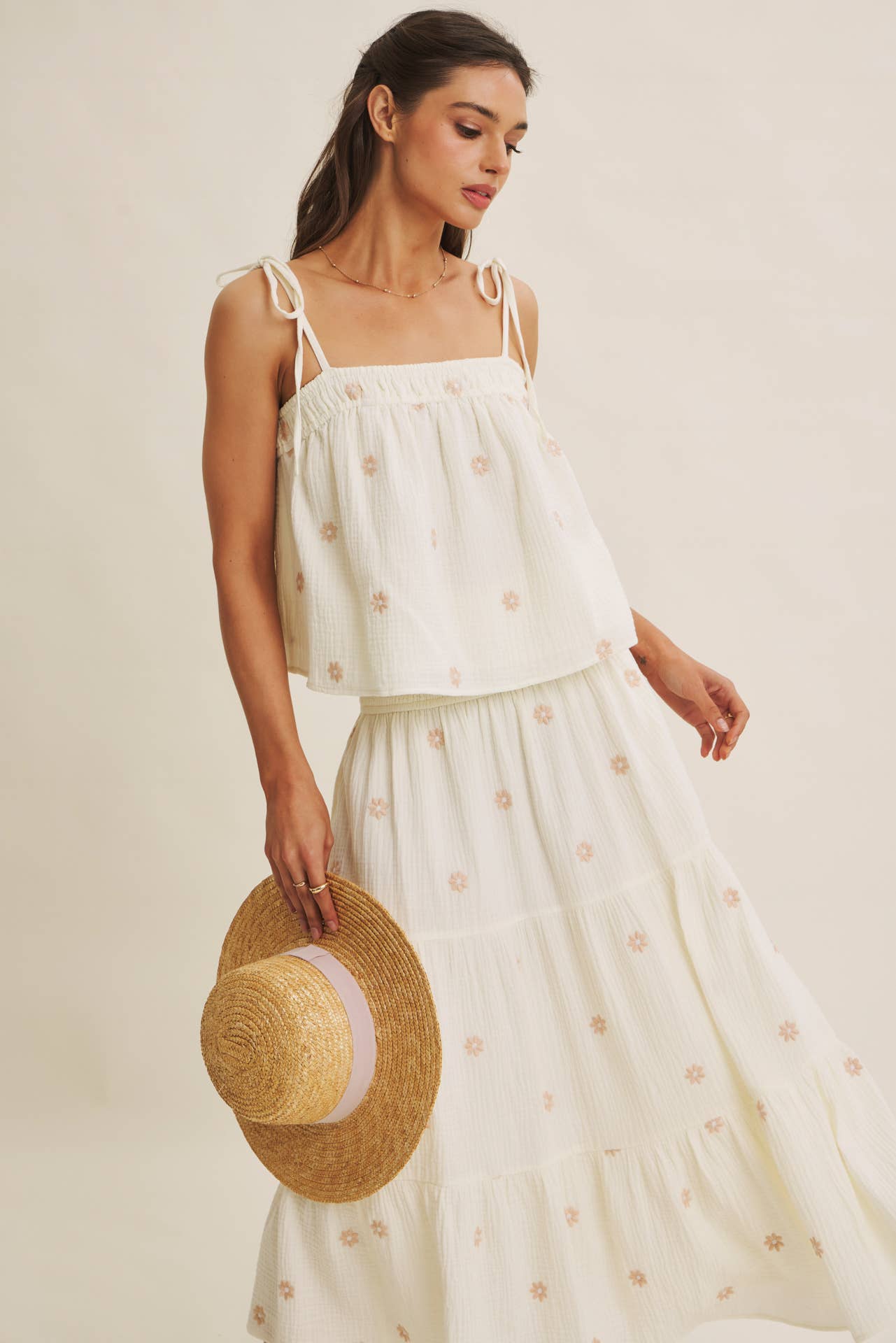 in february - SUNSET FIELD EMBROIDERED COTTON GAUZE SMOCKED MIDI SKIRTS