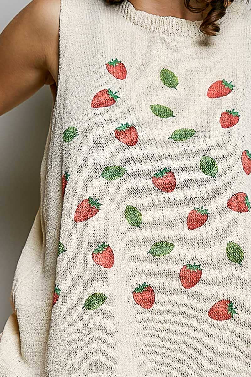 Strawberry Print Thin Sweater Sleeveless Top