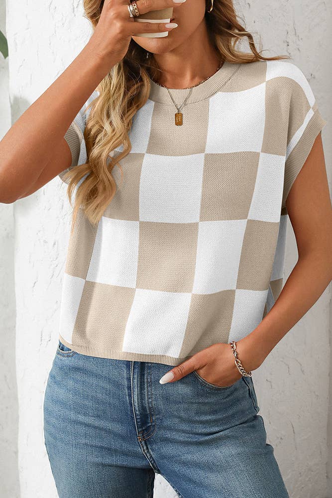 UNISHE - Cropped Color Block Crewneck Knit Checkerboard Sweater MD167