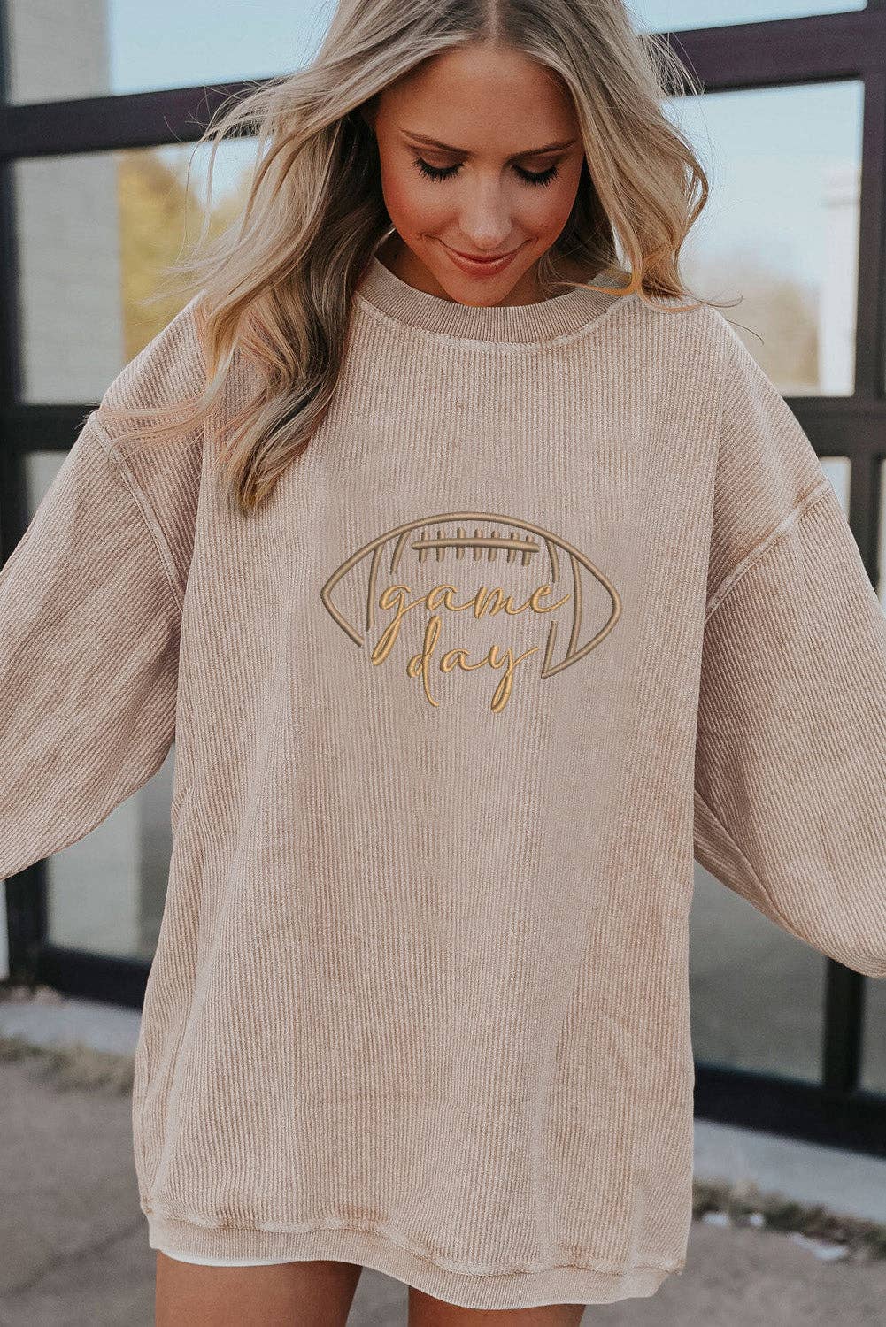 Lovesoft - Apricot Rugby Game Day Embroidered Corduroy Sweatshirt