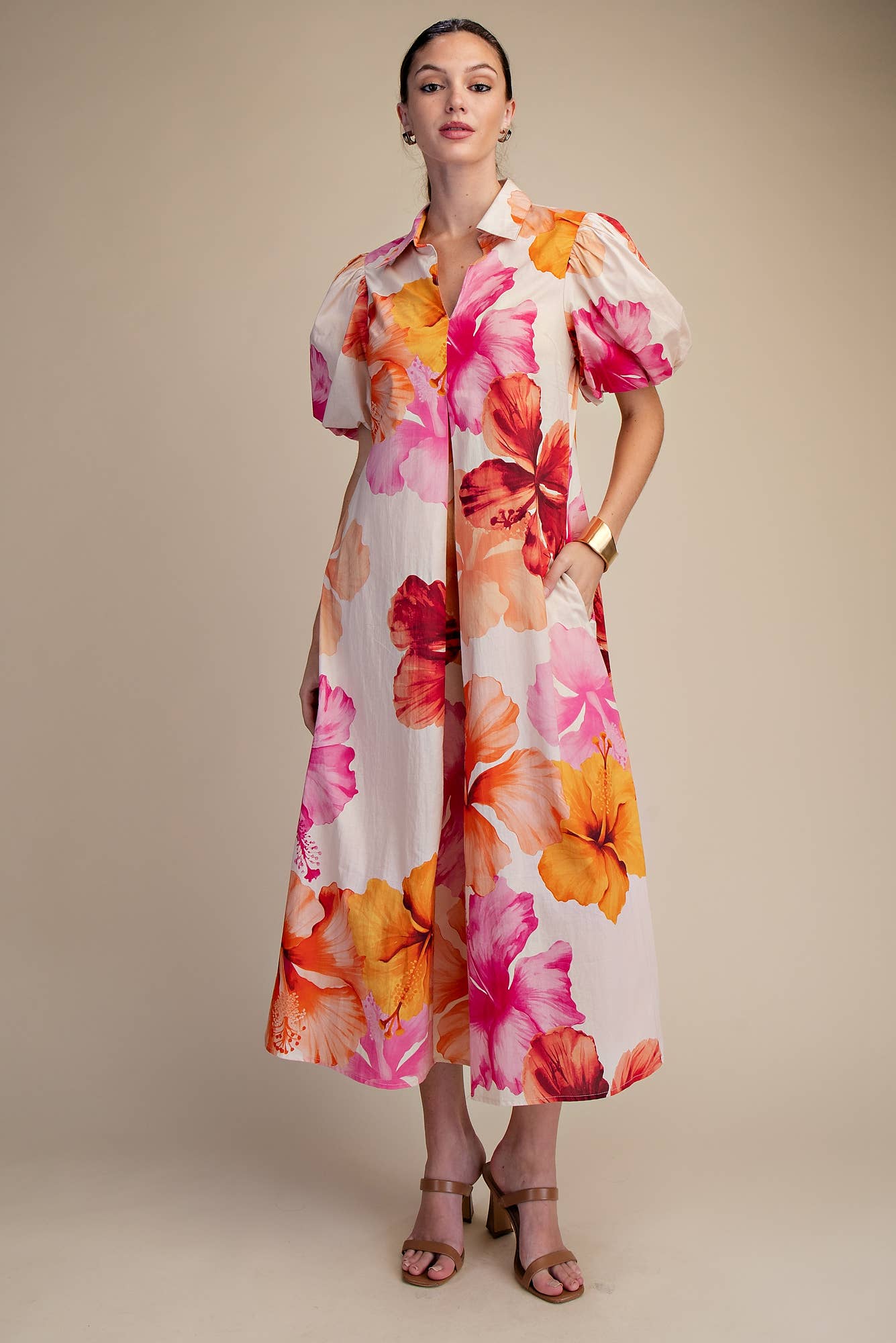 Glam - Collar V-Neck Pleated Midi Dress
