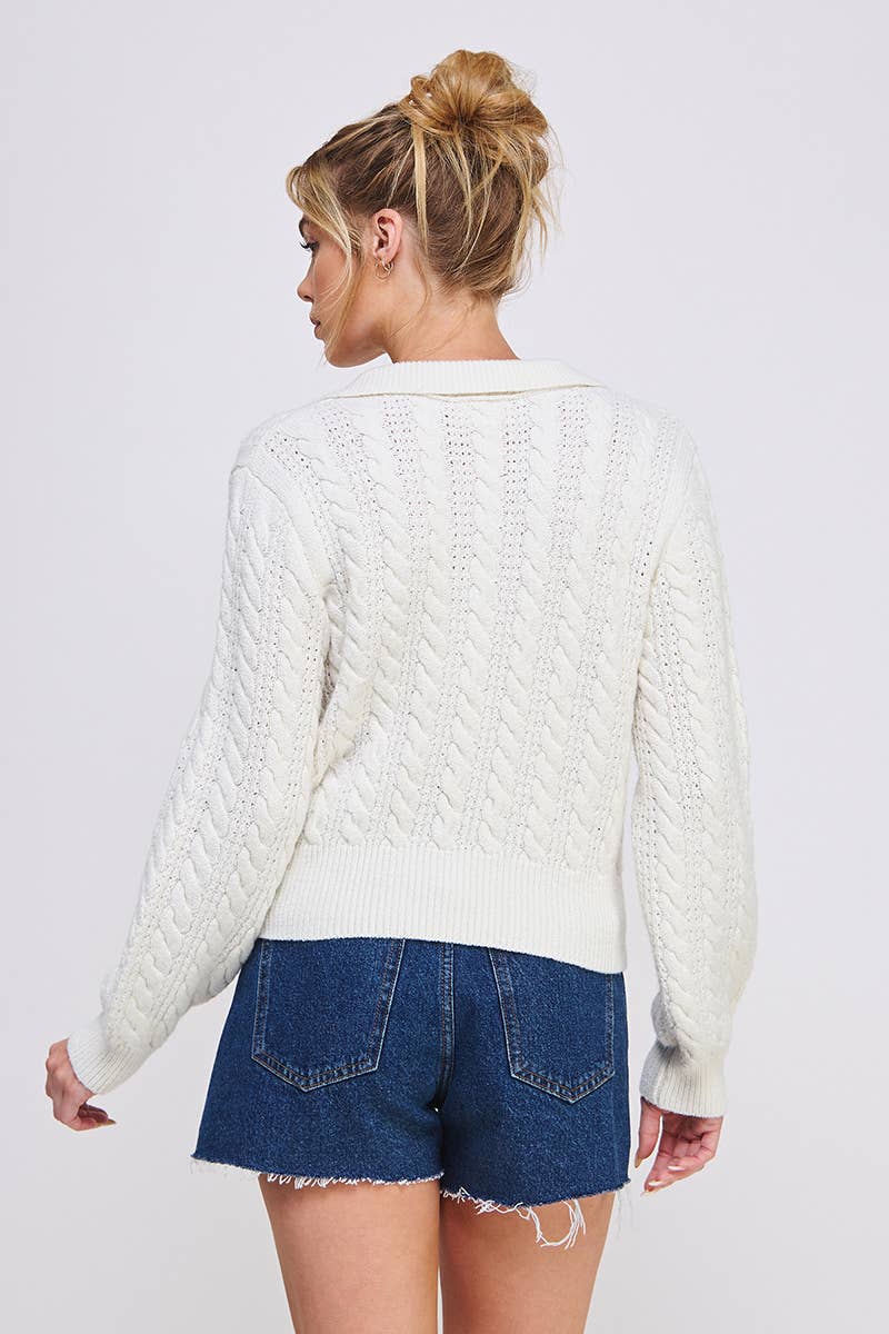 Grey Cable Knit Johnny Collar Pullover