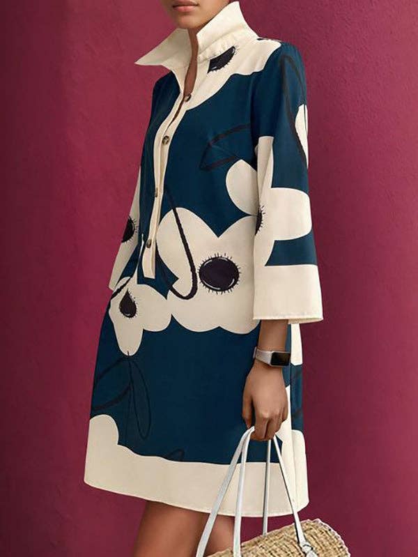 A-Line Loose Buttoned Flower Print Stand Collar Mini Dresses: NAVY BLUE / L