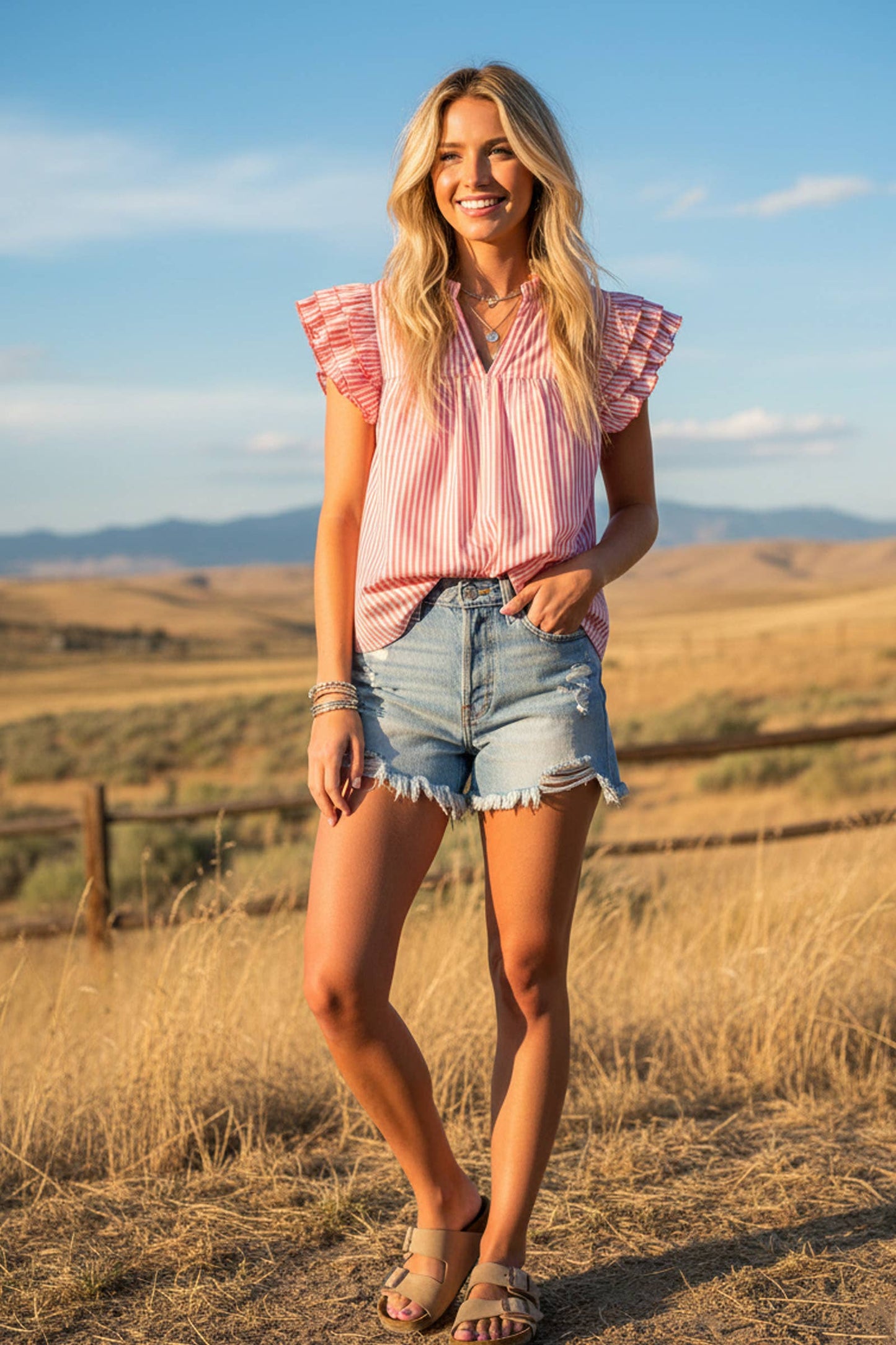 Sewn and Seen - Striped Woven Ruffle Sleeve Babydoll Top