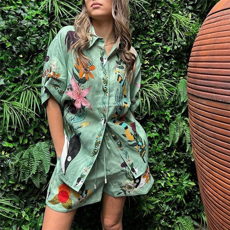 Relaxed Fit Printed Short Sleeve Shirt And Shorts Set: GREEN / XL