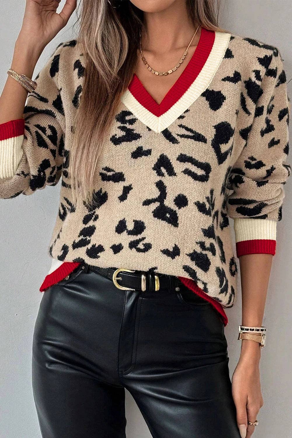 Lovesoft - Khaki Leopard Pattern V-Neck Knitted Sweater