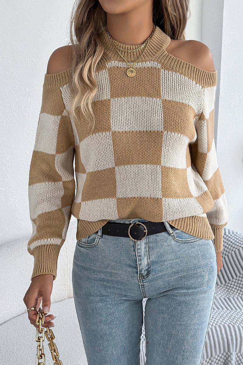 Mccolin - Chic Cutout Checkerboard Sweater