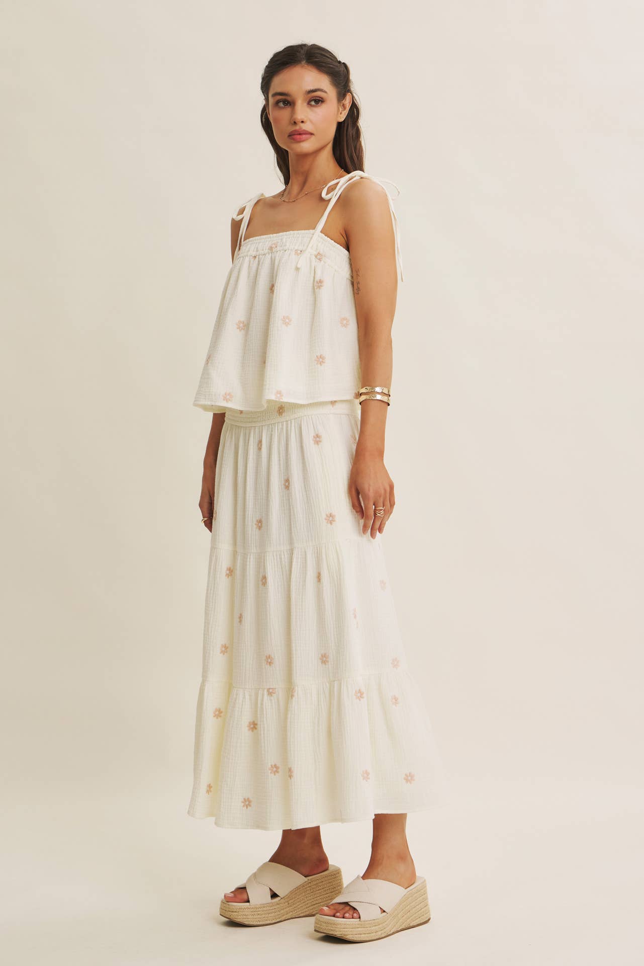 in february - SUNSET FIELD EMBROIDERED COTTON GAUZE TANK WITH TIE STRAPS