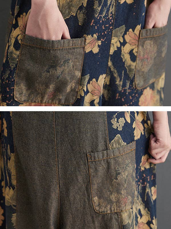 Oversize Wide Leg Floral Printed Split-Joint Overalls: DEEP BLUE / XL