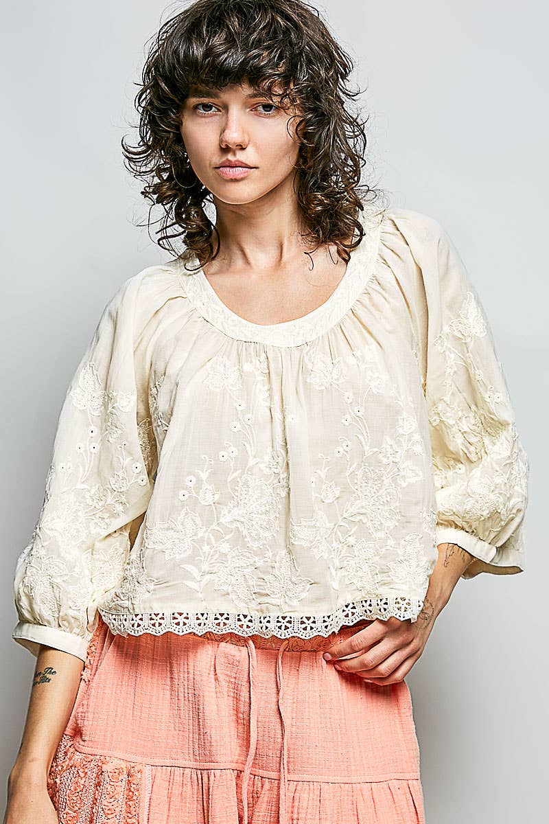 Floral Embroidered Lace Hem Boho Blouse