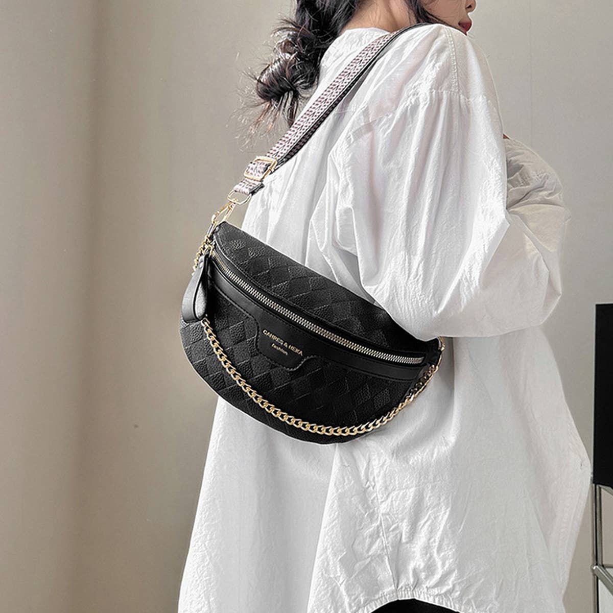 ACCITY - Checkered Chain Strap PU Crossbody Chest Bag_CUAB00597