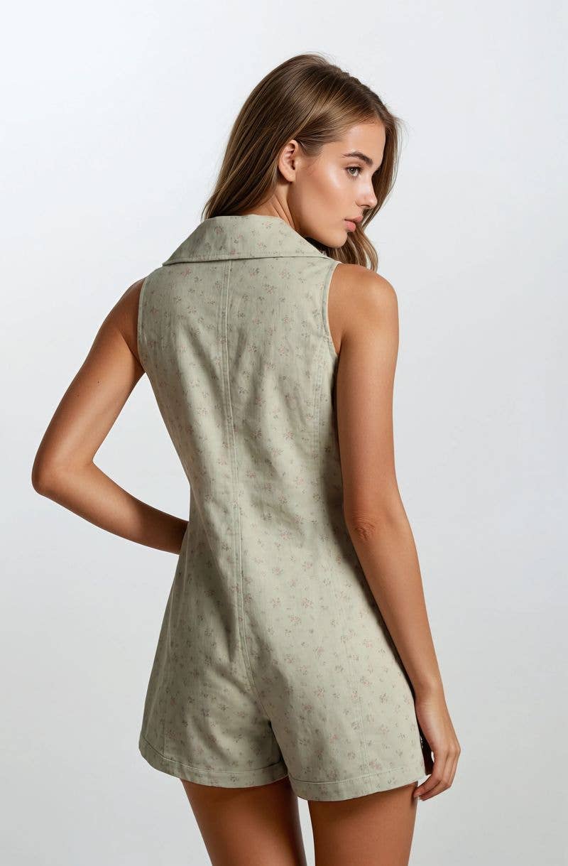 Chambray Floral Button-Front Sleeveless Romper