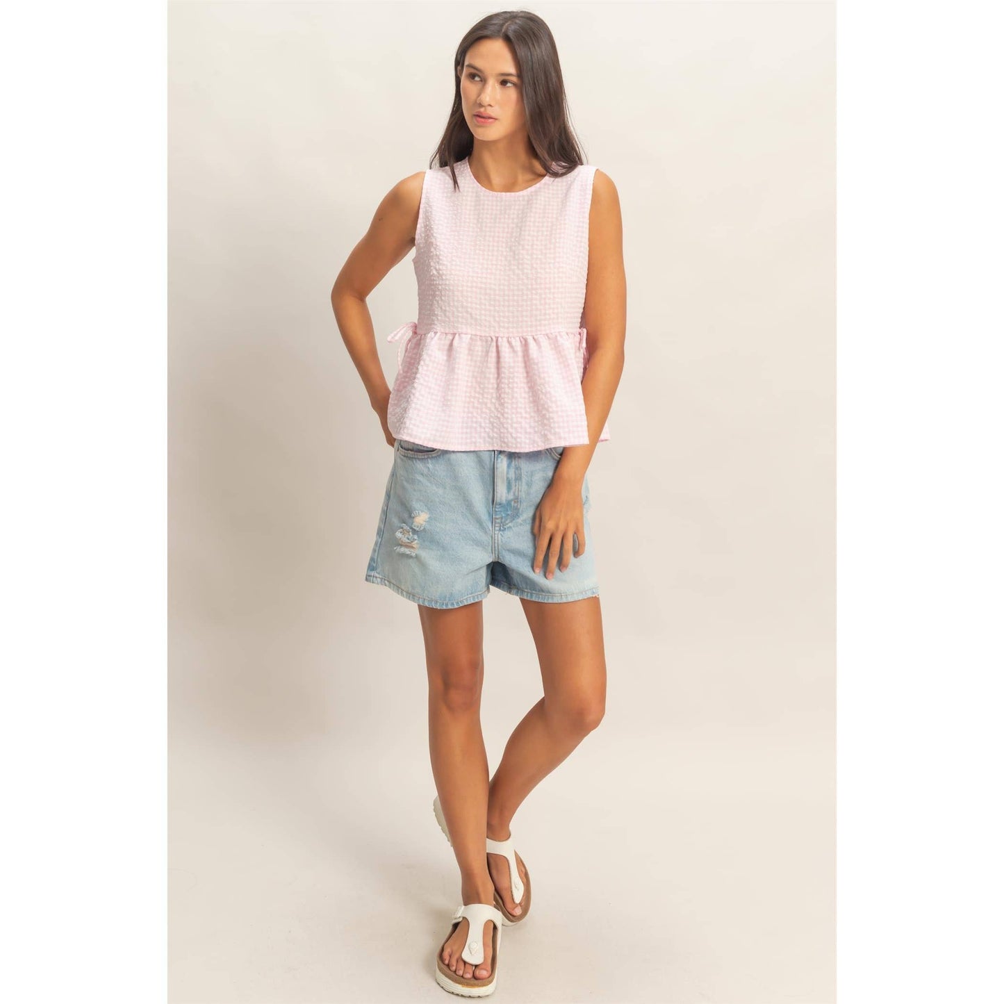 HYFVE - Gingham Sleeveless Peplum Top With Side Ties
