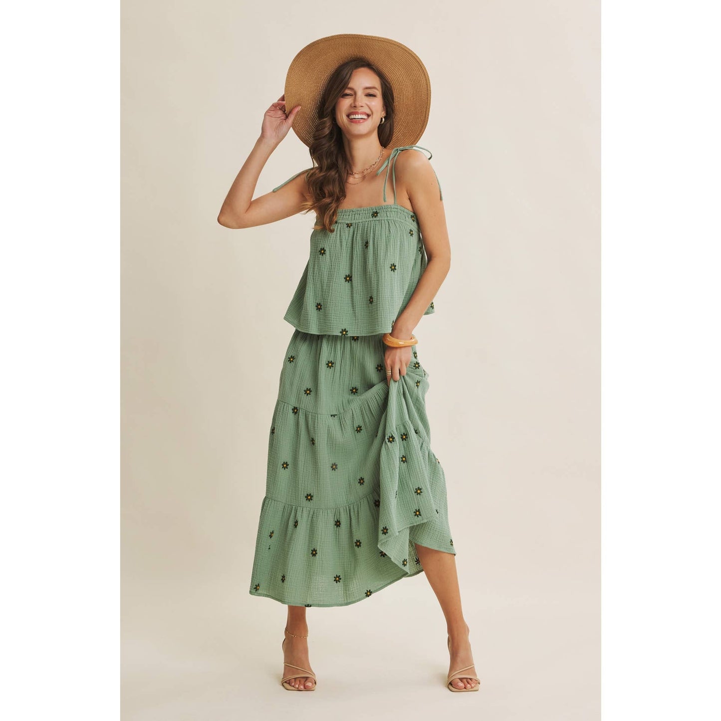 in february - SUNSET FIELD EMBROIDERED COTTON GAUZE TANK WITH TIE STRAPS