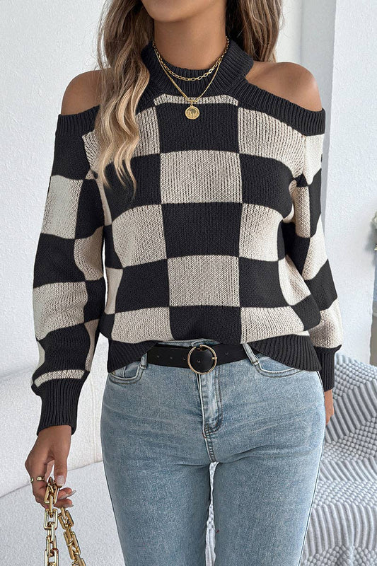 Mccolin - Chic Cutout Checkerboard Sweater