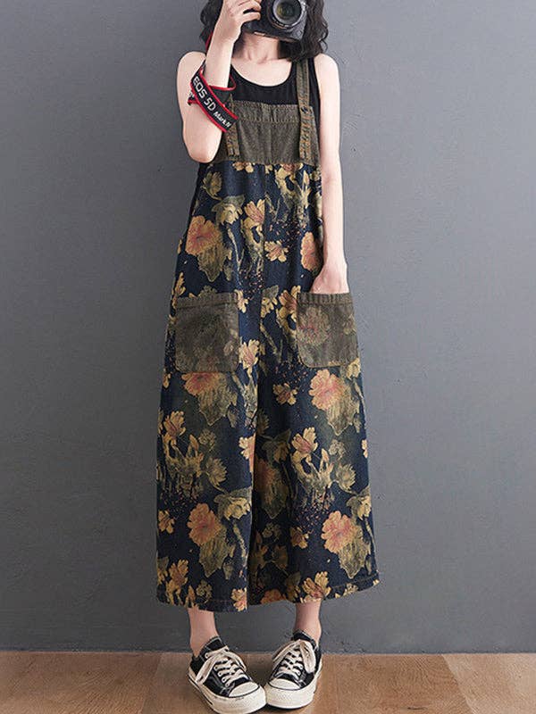 Oversize Wide Leg Floral Printed Split-Joint Overalls: DEEP BLUE / XL