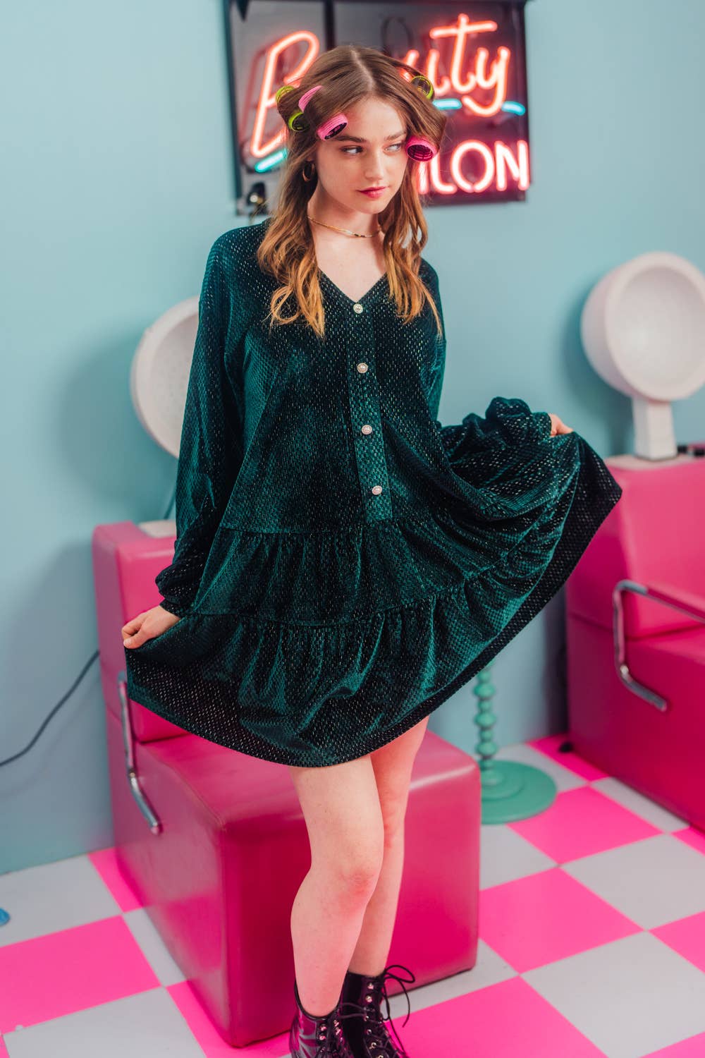 VERY J - ND31003-Tiered Textured Woven Holiday Velvet Mini Dress