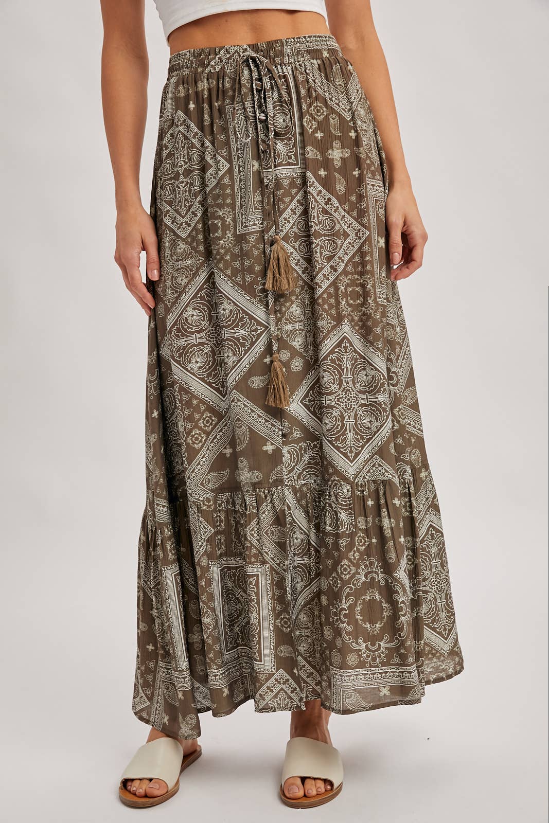 Bluivy - BOHO PRINT TIERED BUTTON DOWN FRONT MAXI SKIRT