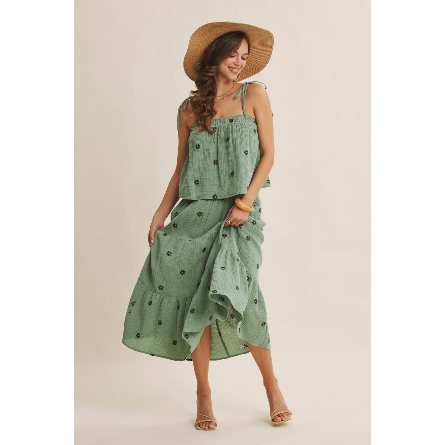 in february - SUNSET FIELD EMBROIDERED COTTON GAUZE TANK WITH TIE STRAPS