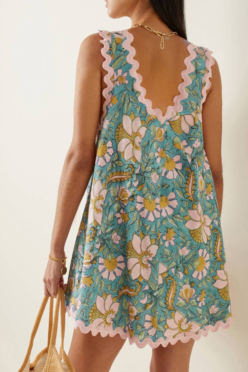 Lovesoft - Sky Blue Floral Ricrac Trim V Neck Shift Mini Tank Dress