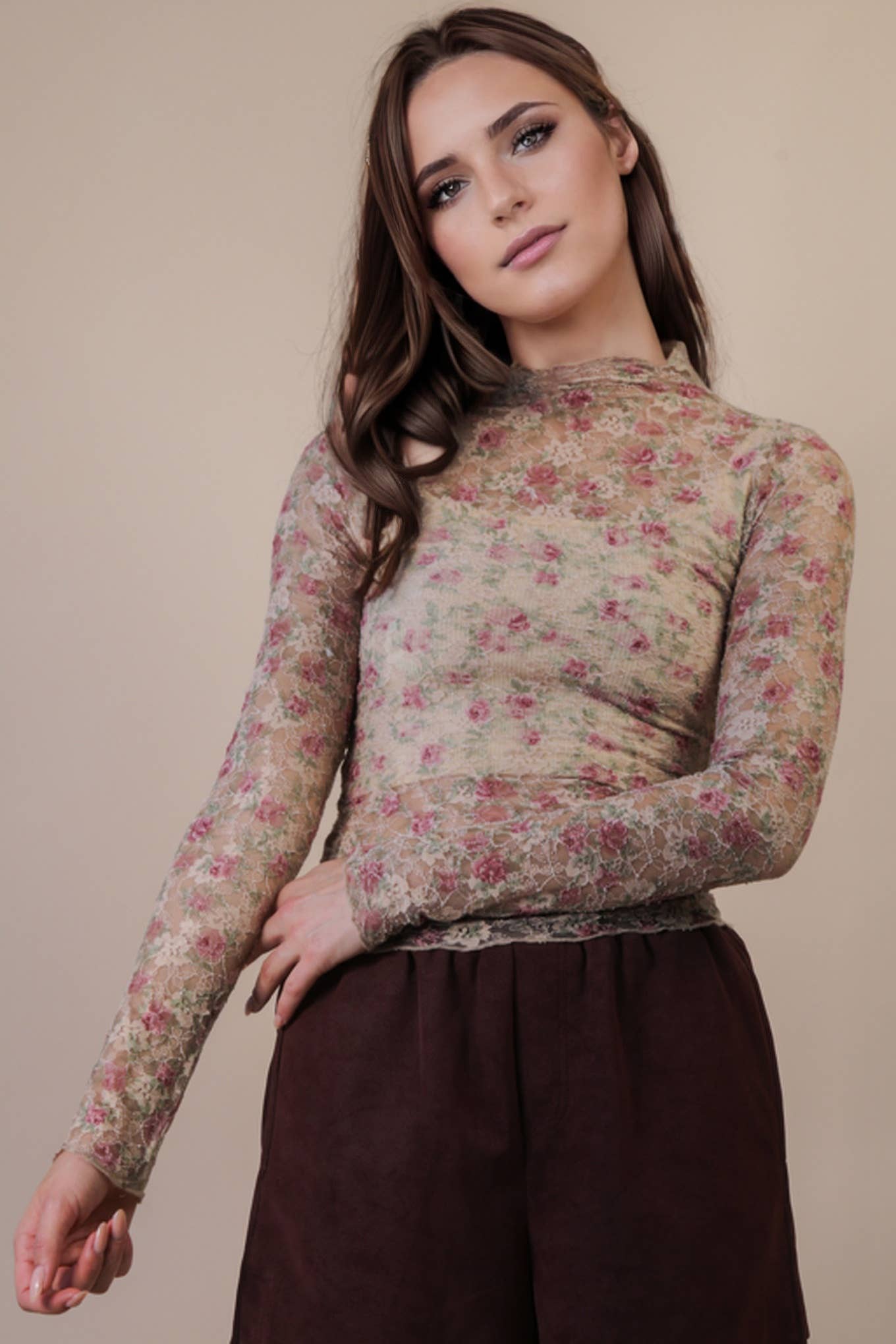 VERY J - NT12220-High Neck Fitted Sheer Mesh Lace Knit Top