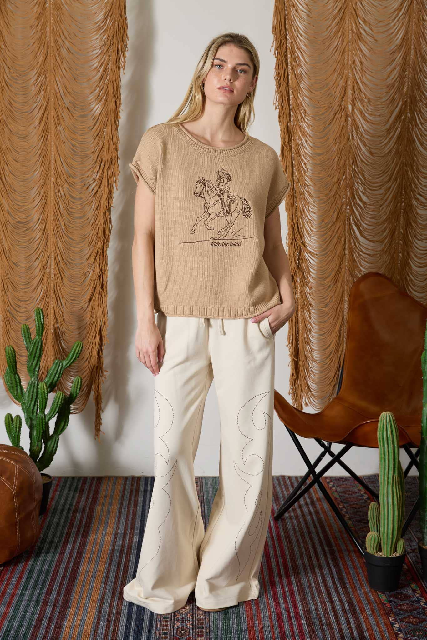WESTERN EMBROIDERY SHORT SLEEVE KNIT SWEATER