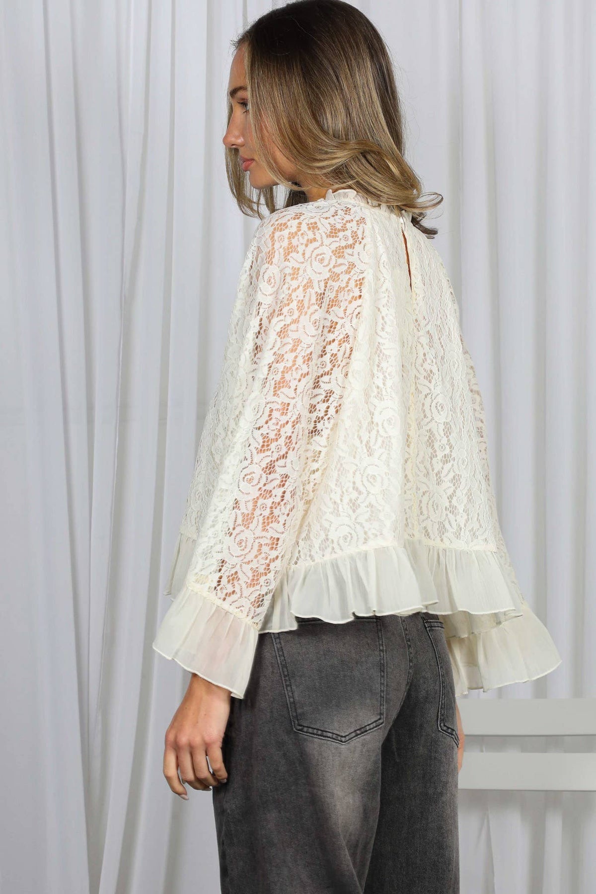 Vine & Love - Ruffle Neck & Hem Bell Sleeve Loose Lace Blouse Top VT83170