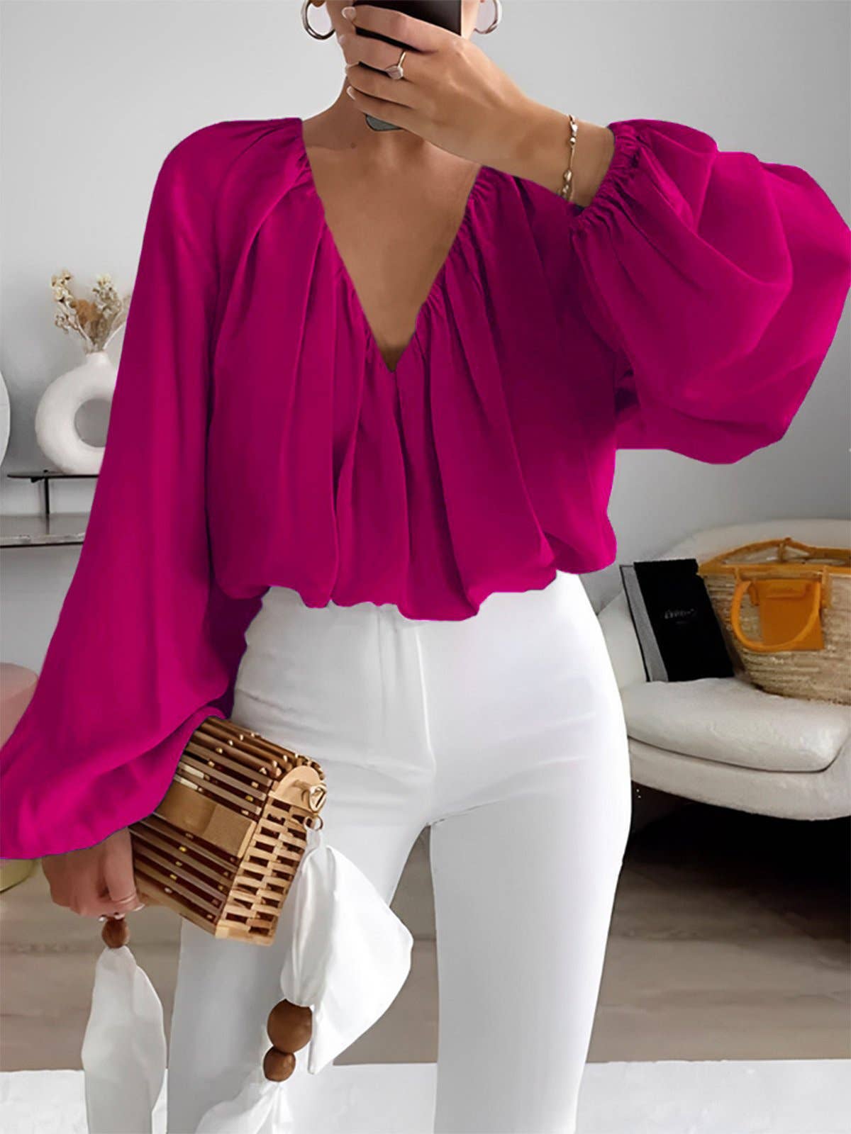 Printed V-Neck Long Sleeve Shirt Elegant Women's Loose Solid: Yellow / XL