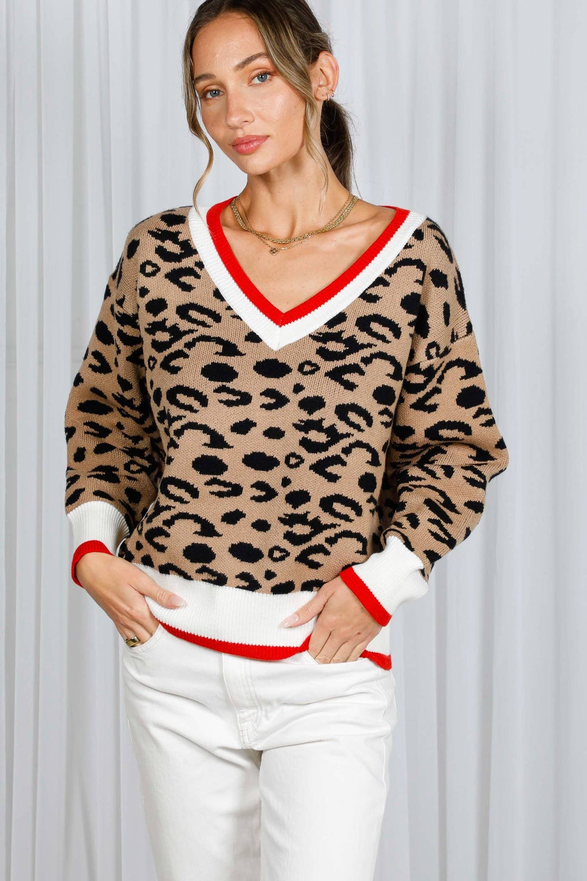 Vine & Love - Leopard Pattern V-Neck Contrast Rib Knitted Sweater VT82601