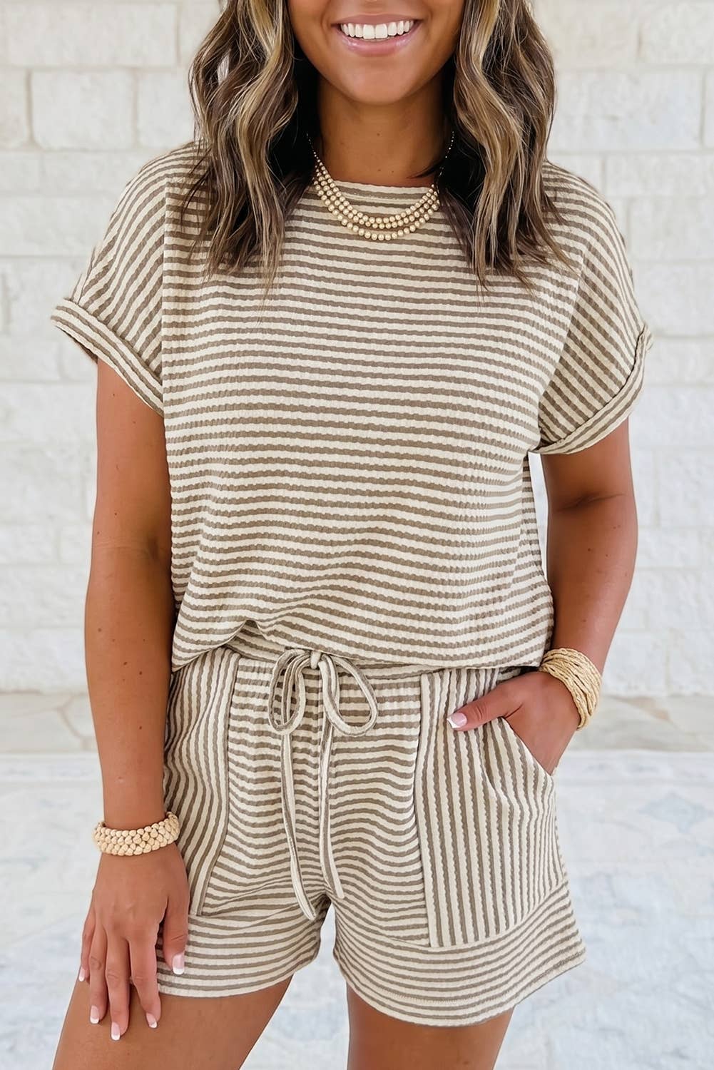 1 the Woman - Striped Textured Knit Top and Short 2pc Sets