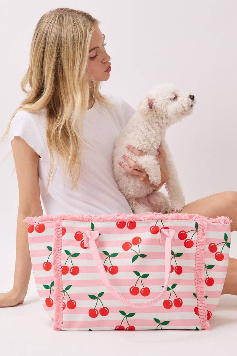 Cherry Crush Fringe Pink Striped Tote